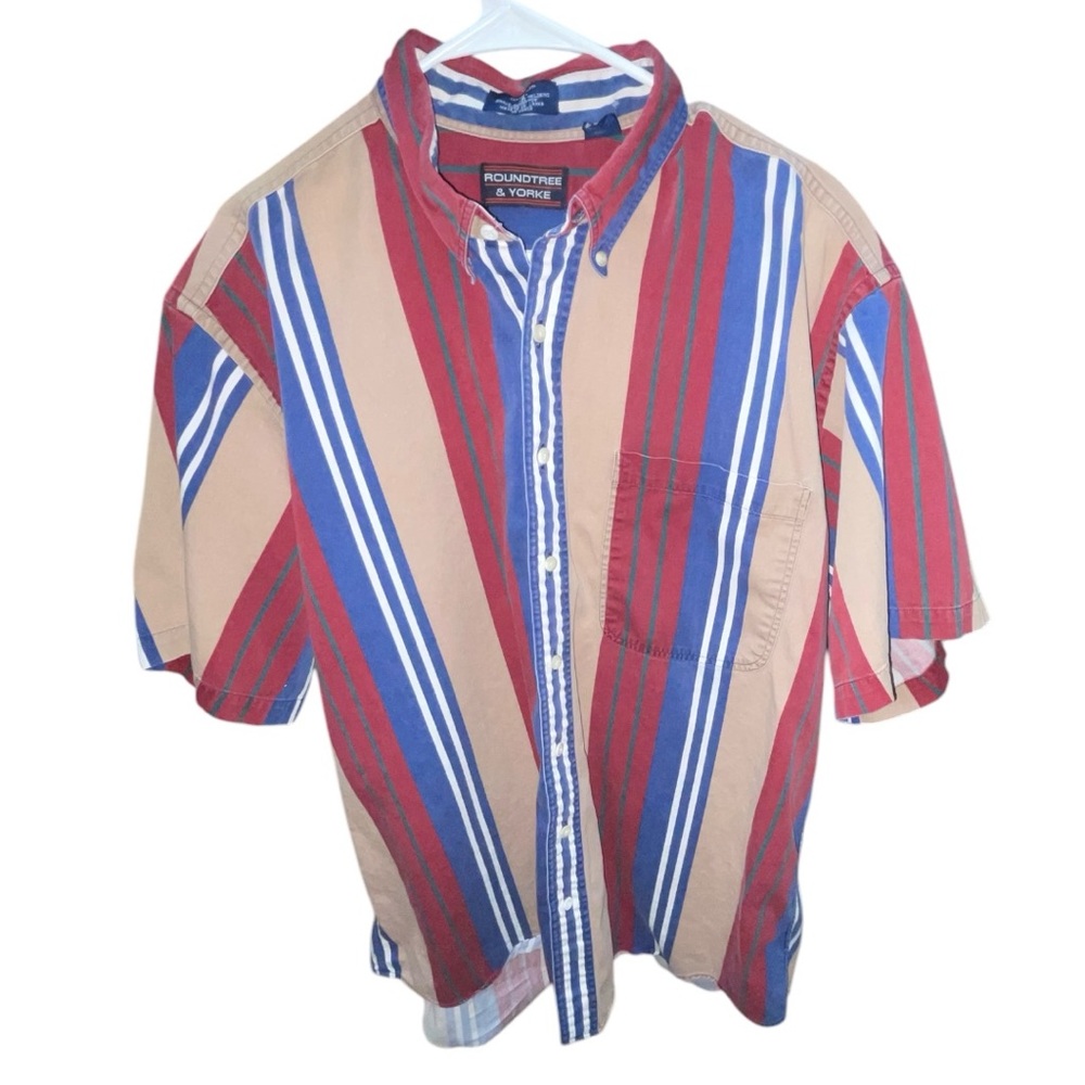 Vintage Men's Striped Western Work Shirt button up Red, Blue & Tan Cotton Cowboy - Picture 3 of 9